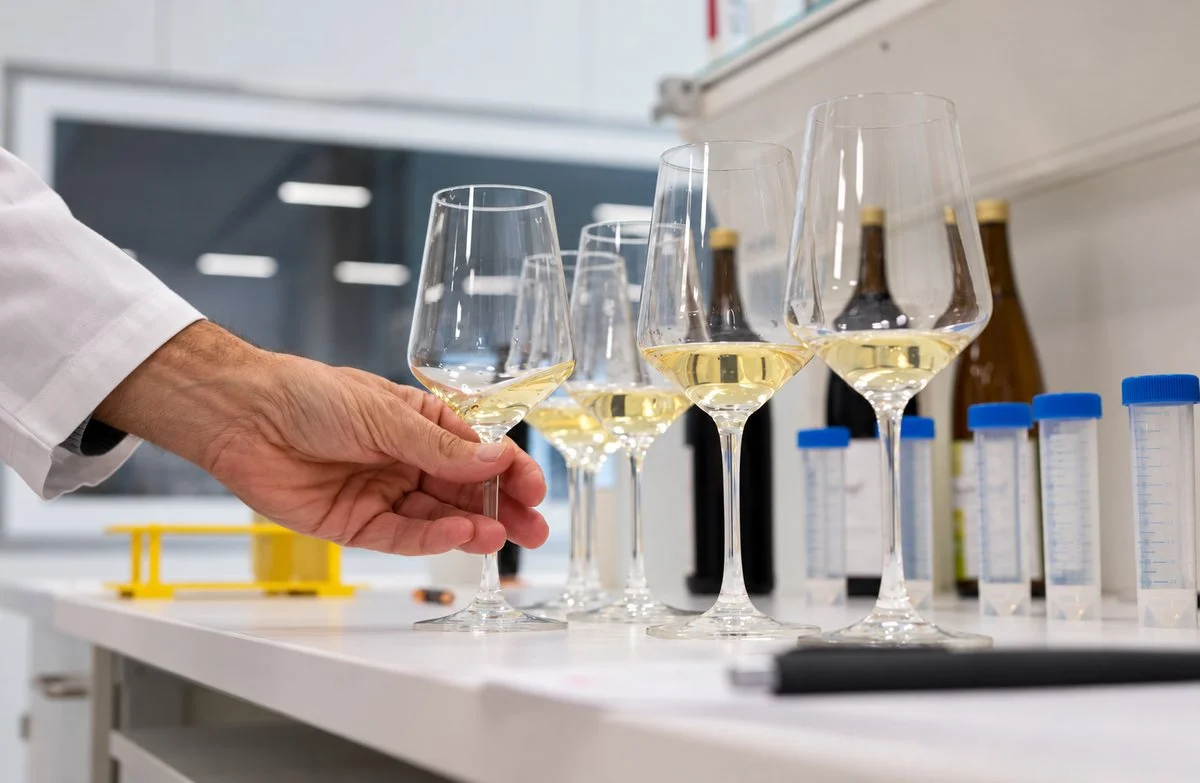 Degustácia vzoriek vína v laboratóriu bez log na pohároch